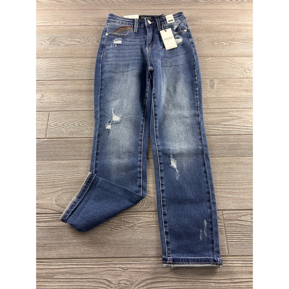 Judy Blue High Waist Straight Leg Distressed Rainbow Jeans Blue 0/24 88517